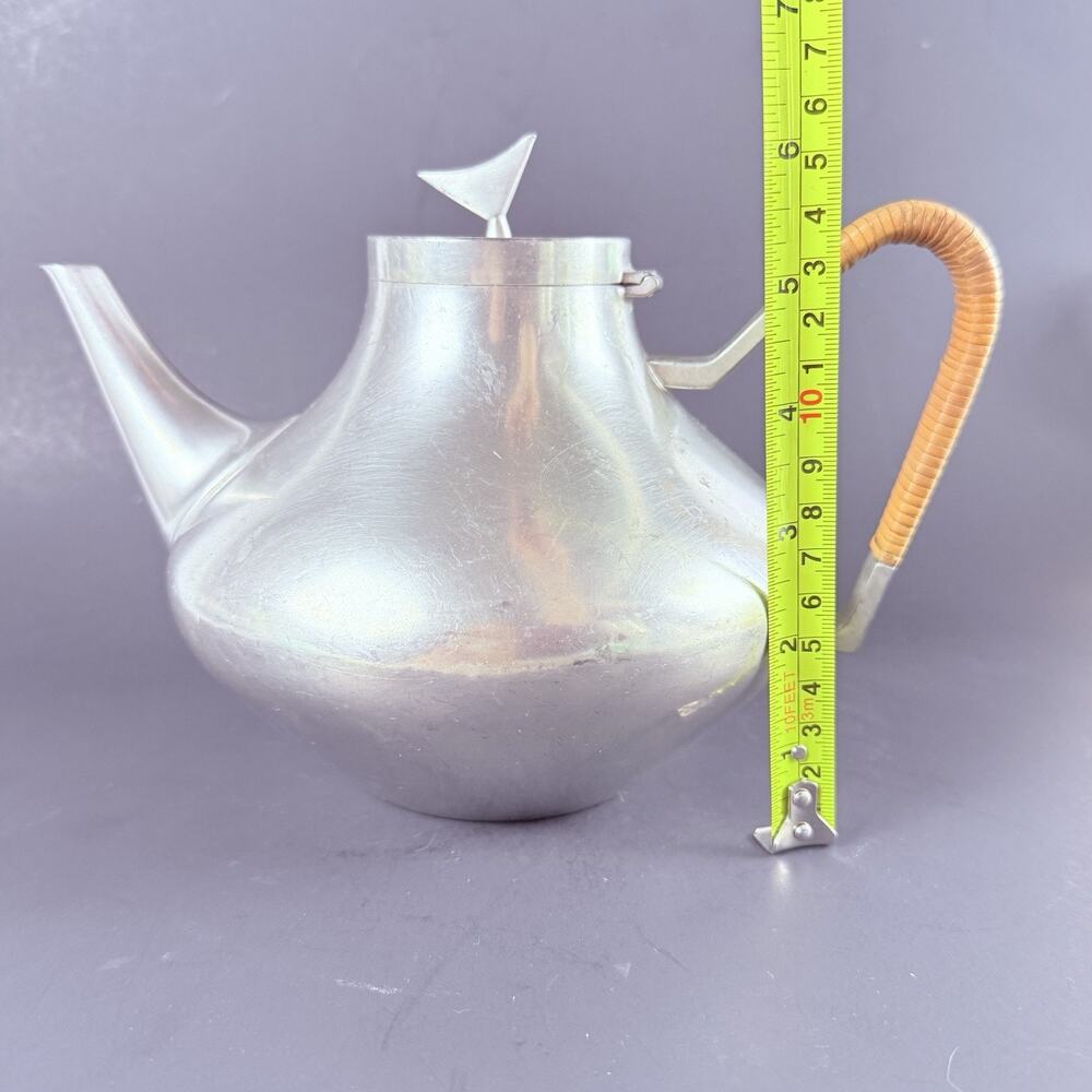 Reed & Barton Pewter MCM Coffee Tea Pot Set Danish Modern Rattan Handle Atomic - Picture 9 of 16
